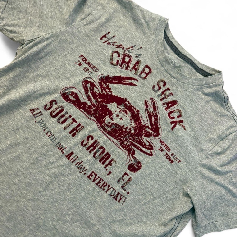 Roebuck & Co Mens Gray Hank's Crab Shack Graphic T-Shirt Large South Shore FL
